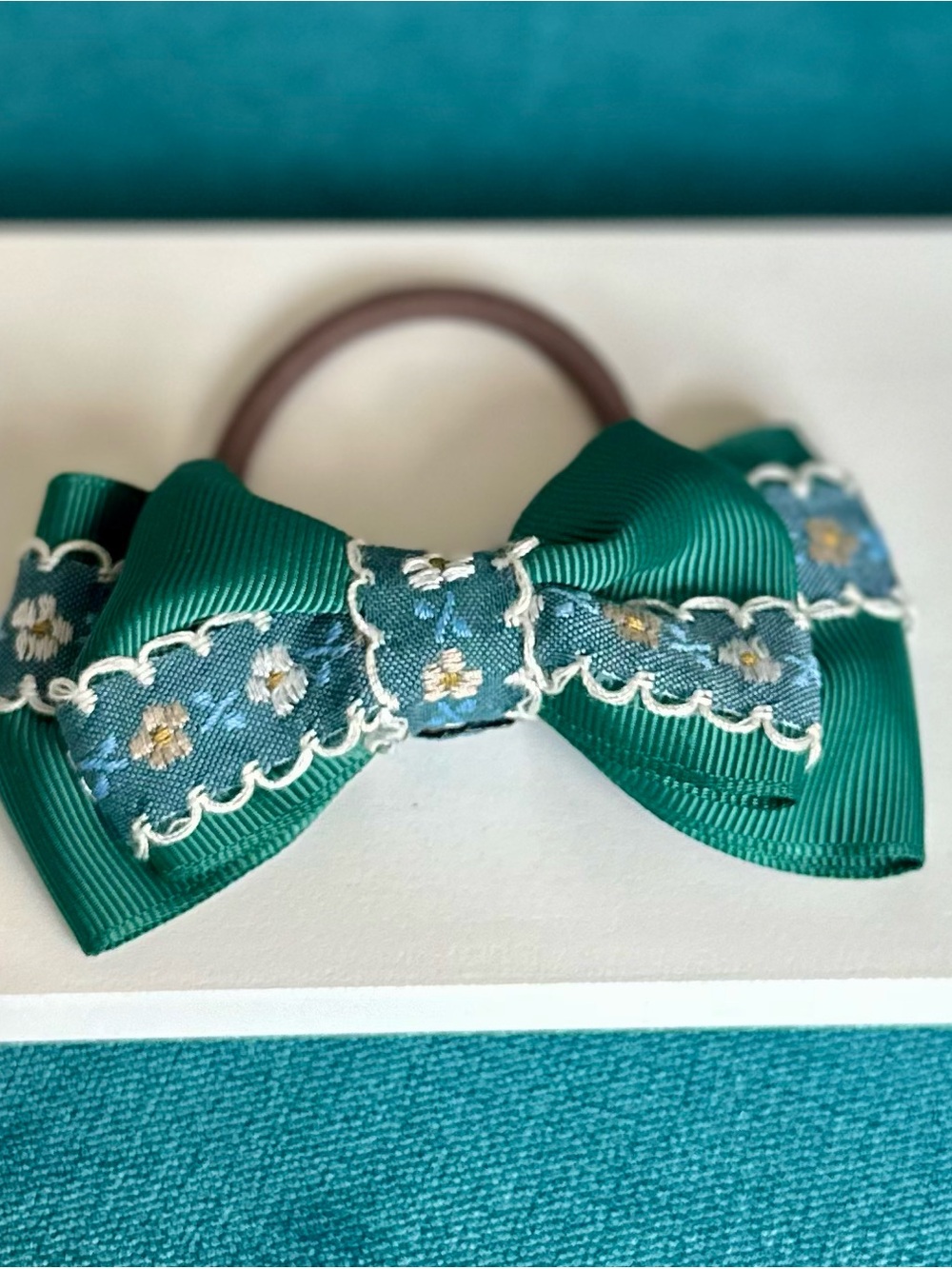 Emerald Green Floral Embroidered Ribbon Bow Hair Tie